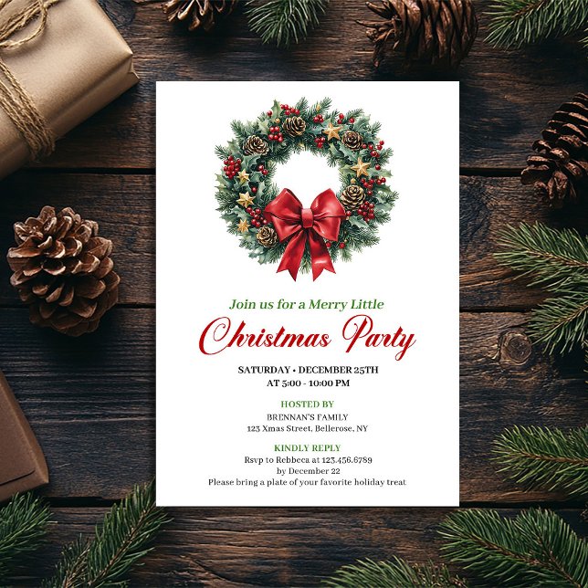 Invitación de fiesta de corona de pino verde rojo  (Elegant Red Green Pine Wreath Party Invitation)