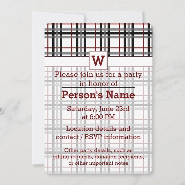Invitación de fiesta de cuadros negros, blancos y  (Anverso)