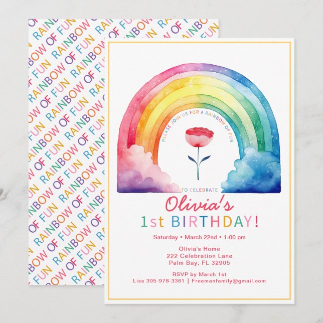 Invitación de Fiesta de cumpleaños 1 flor arcoiris (Anverso / Reverso)