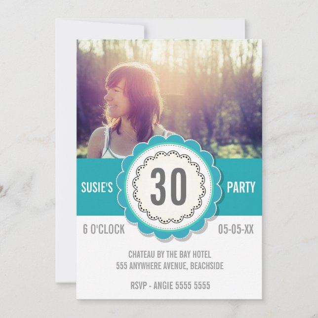 Invitación de Fiesta de cumpleaños 30 verde azulad (Anverso)