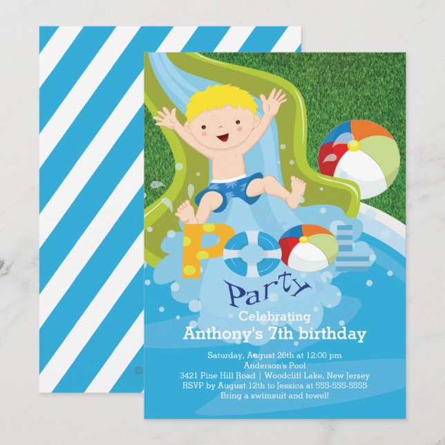 Invitación de fiesta de cumpleaños a la piscina de (Anverso / Reverso)