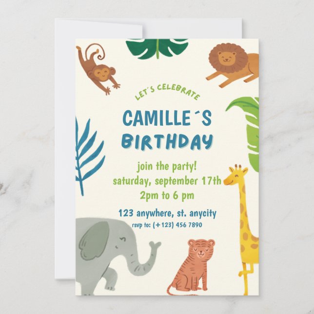 Invitación de fiesta de cumpleaños a los animales  (Anverso)