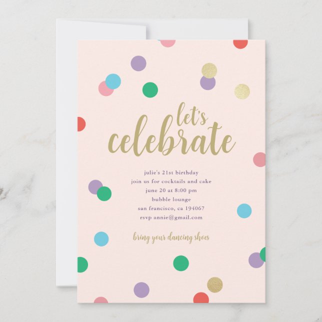 Invitación de fiesta de cumpleaños con confeti ros (Anverso)