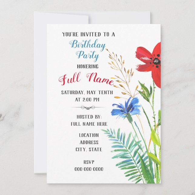 Invitación de fiesta de cumpleaños con flores de c (Anverso)