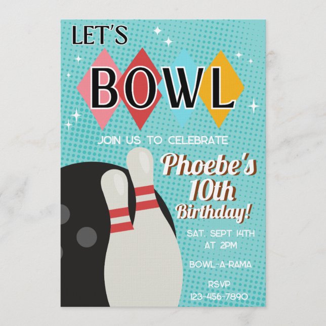 Invitación de Fiesta de Cumpleaños de Boliche Retr (Anverso)