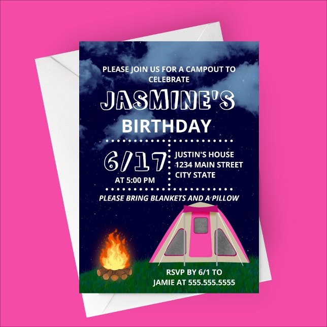 Invitación de fiesta de cumpleaños de campamento R (Pink Camping Birthday Party Invitation)