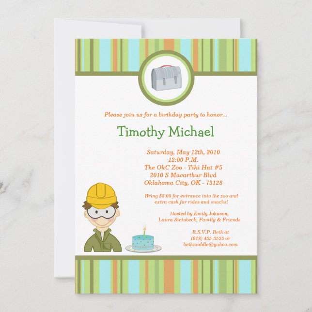 Invitación de fiesta de cumpleaños de construcción (Anverso)