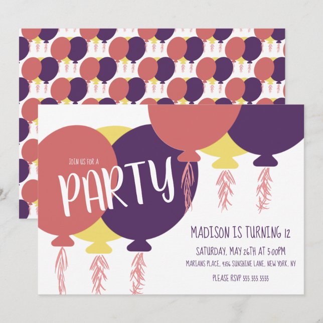 Invitación de fiesta de cumpleaños de globo flotan (Anverso / Reverso)