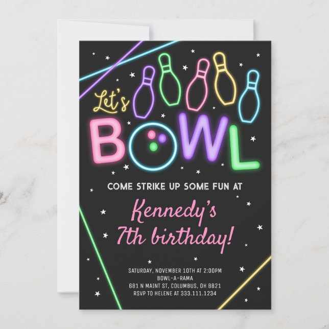 Invitación de fiesta de cumpleaños de Glow Bowling (Anverso)
