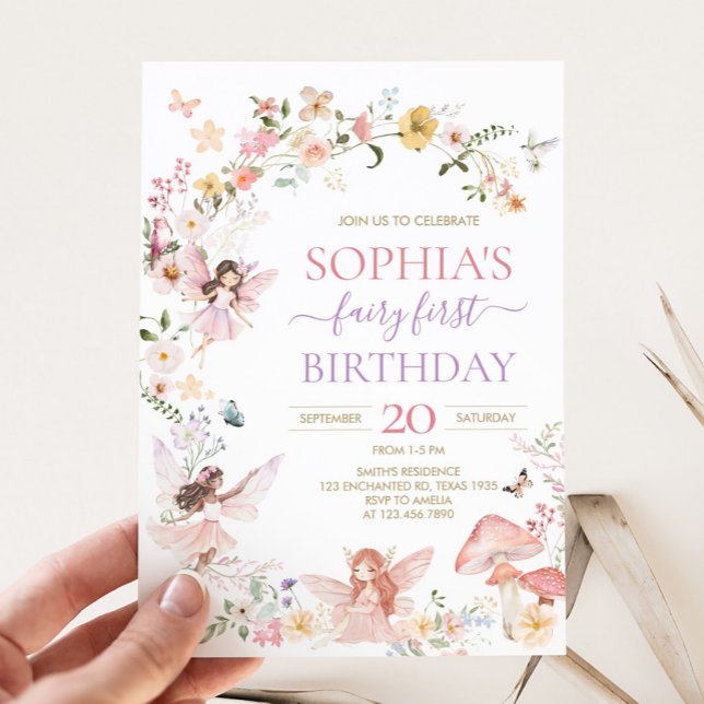 Invitación de fiesta de cumpleaños de hadas floral (Floral Wildflower Fairy First Birthday Party Invitation)