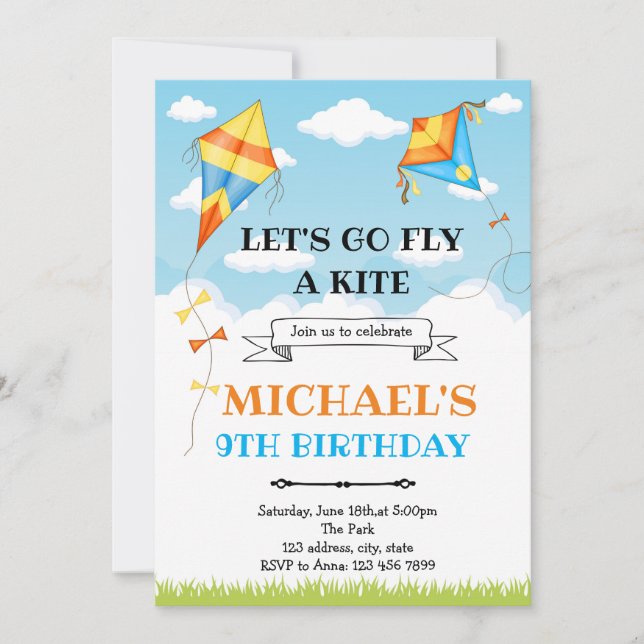 Invitación de fiesta de cumpleaños de Kite (Anverso)