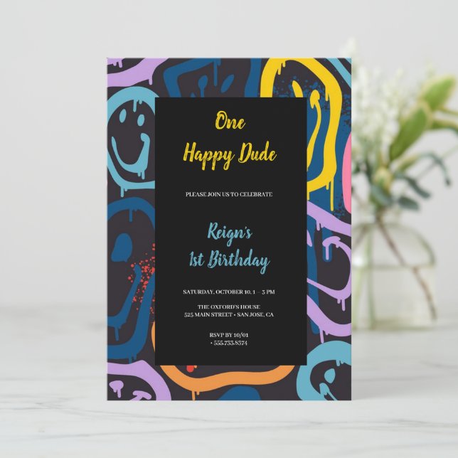 invitación de fiesta de cumpleaños de tipo feliz (Anverso de pie)