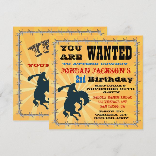 Invitación de Fiesta de Cumpleaños de Vaquero con  (Anverso / Reverso)