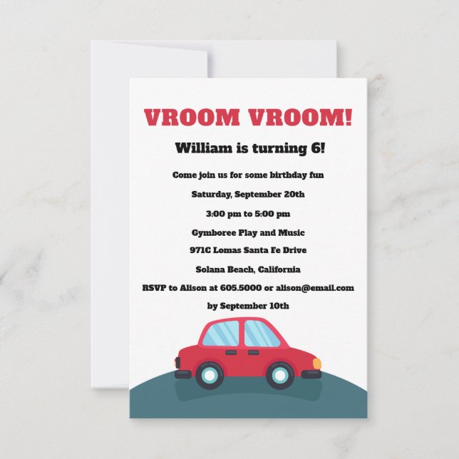 Invitación de fiesta de cumpleaños de Vroom Cars (Anverso)