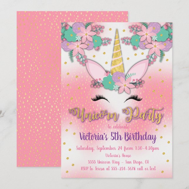 Invitación de fiesta de cumpleaños dorada y rosa c (Anverso / Reverso)