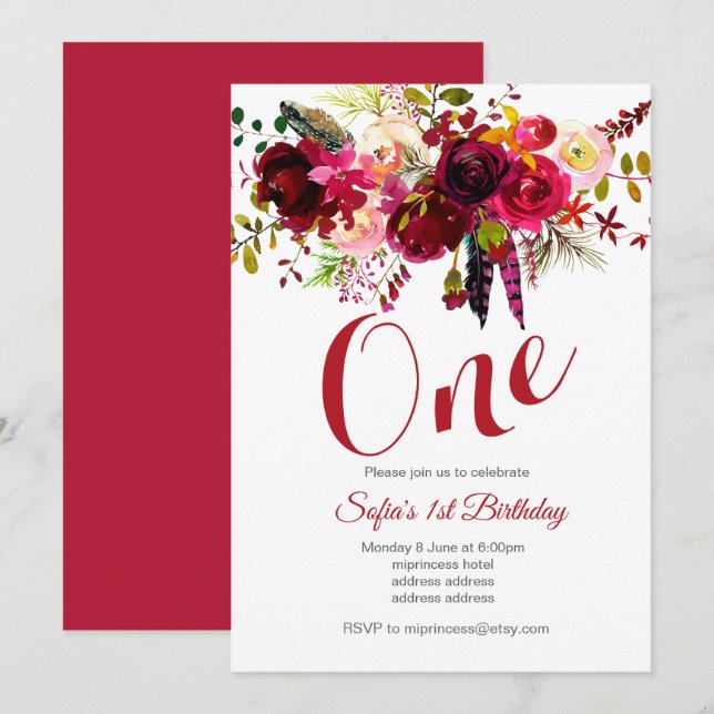 invitación de fiesta de cumpleaños floral bohochic (Anverso / Reverso)