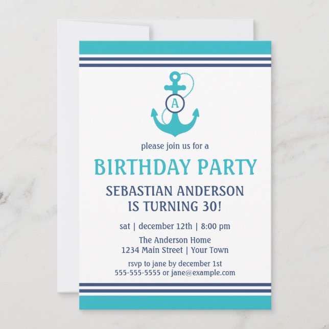 Invitación de fiesta de cumpleaños nautica azul cl (Anverso)
