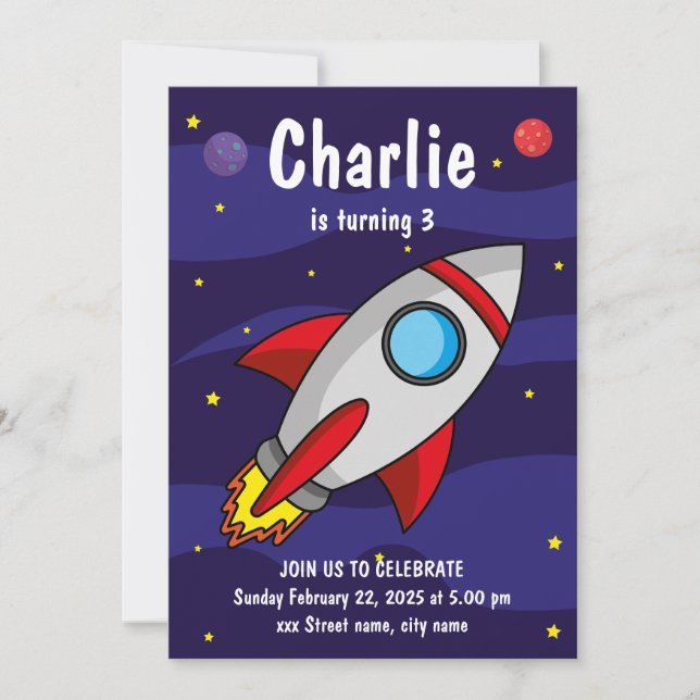 Invitación de fiesta de cumpleaños Nave Espacial (Anverso)