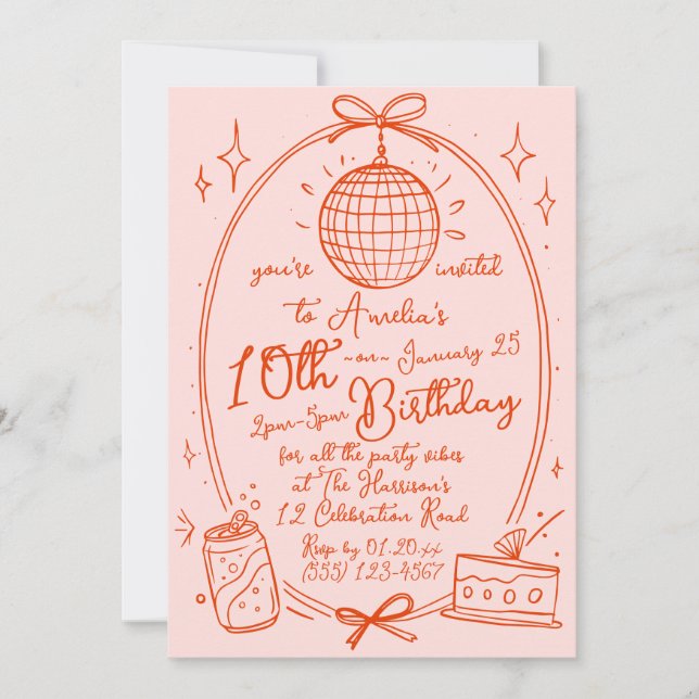 Invitación de fiesta de cumpleaños número 10 rosa  (Anverso)