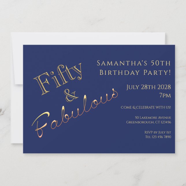 Invitación de fiesta de cumpleaños número 50 azul  (Anverso)