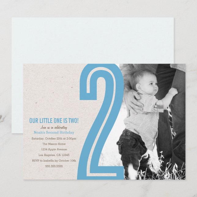 Invitación de fiesta de cumpleaños número dos azul (Anverso / Reverso)