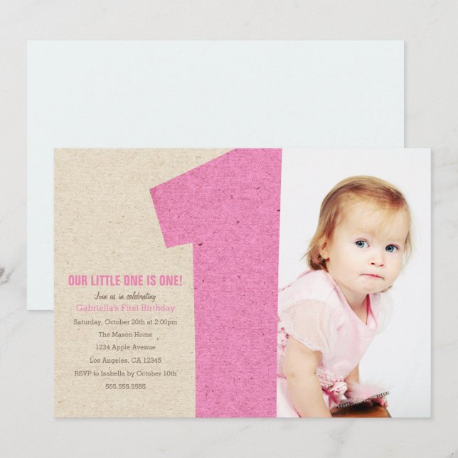 Invitación de fiesta de cumpleaños número uno rosa (Anverso / Reverso)
