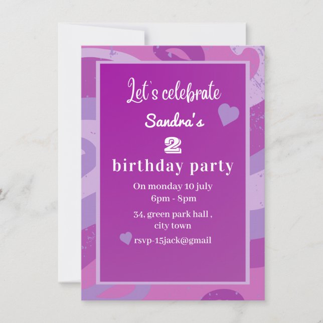 invitación de fiesta de cumpleaños púrpura (Anverso)