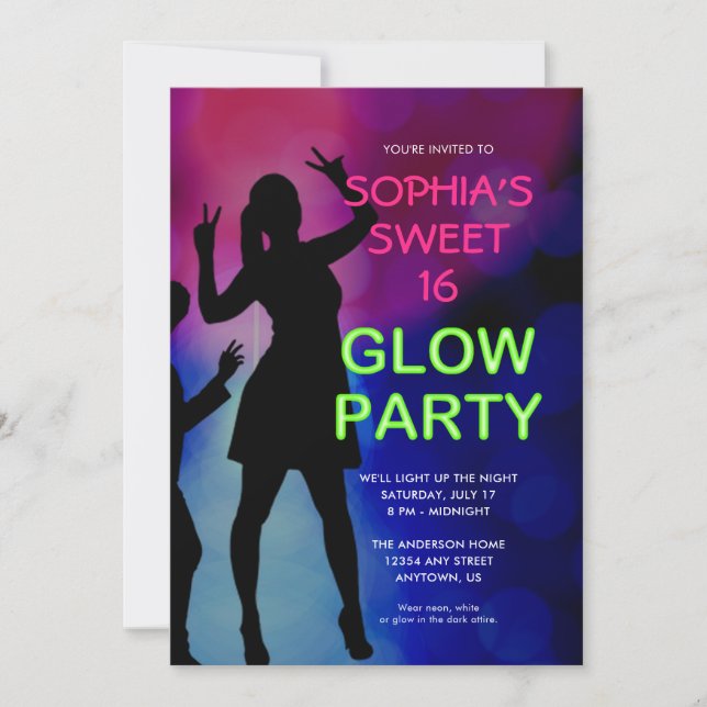 Invitación de fiesta de cumpleaños Sweet 16 Glow (Anverso)