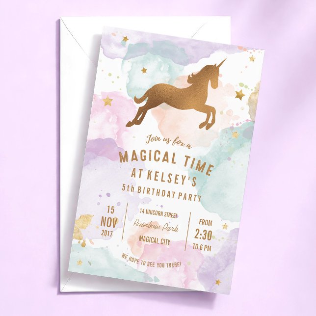 Invitación de fiesta de cumpleaños unicornio dorad (rainbow pastel watercolour unicorn birthday party invitation)