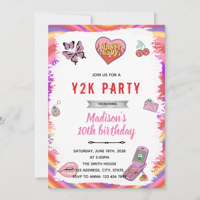 Invitación de fiesta de cumpleaños Y2K (Anverso)