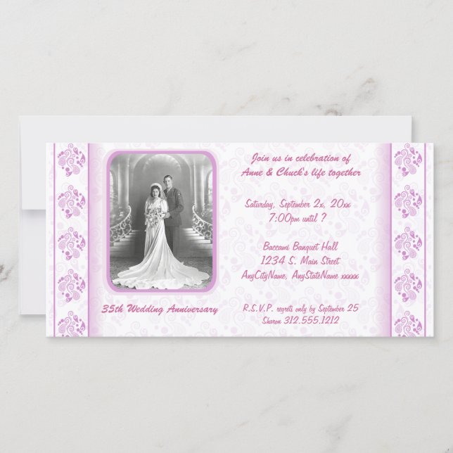 Invitación de fiesta de damasco de paisley rosa y  (Anverso)