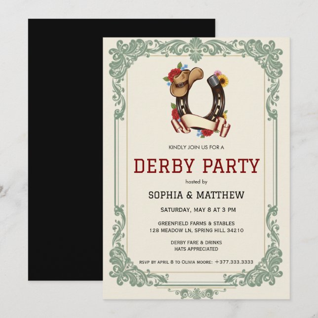 Invitación de fiesta de derby ecuestre vintage  (Anverso / Reverso)