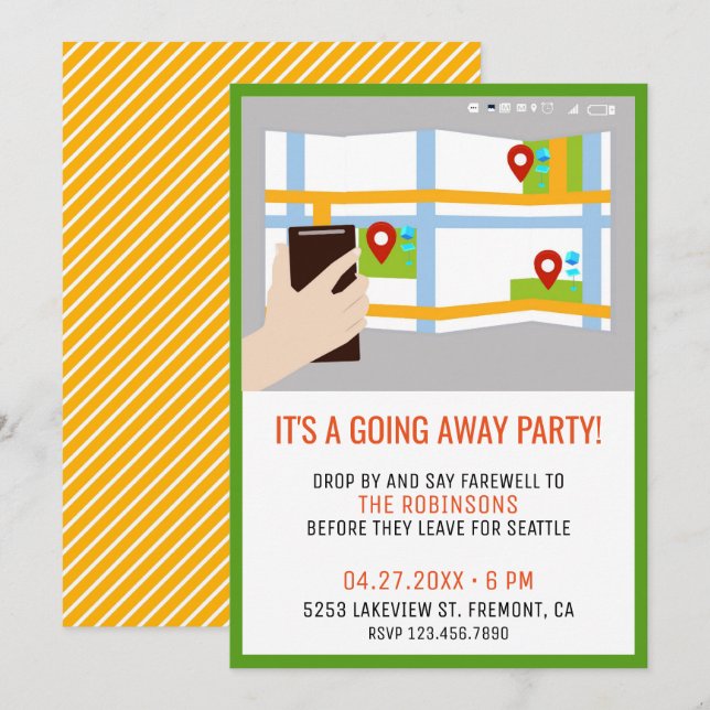 Invitación de fiesta de despedida colorida con map (Anverso / Reverso)