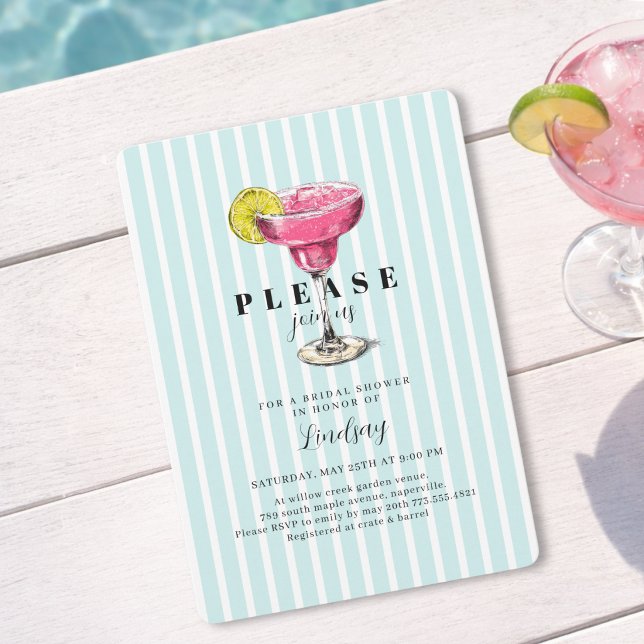 Invitación de Fiesta de Despedida de Soltera con C (Blue Stripe Cocktail Bridal Shower Party Invitation)