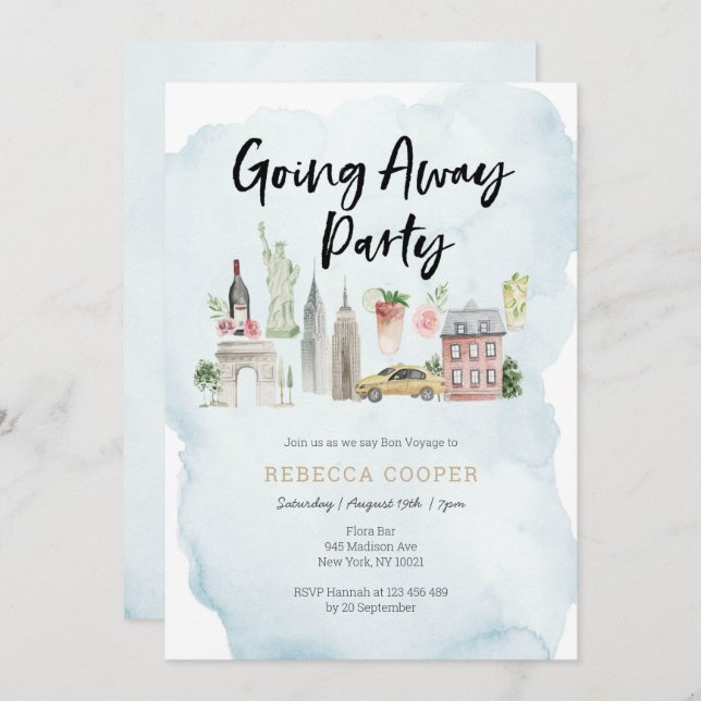 invitación de fiesta de despedida en Nueva York (Anverso / Reverso)