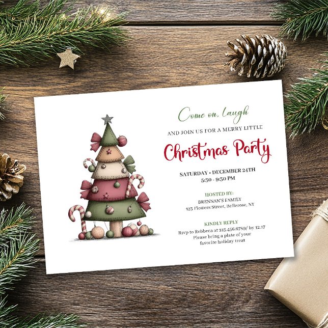 Invitación de fiesta de dibujos animados de árbol  (Cute Funny Christmas Tree Cartoon Party Invitation)