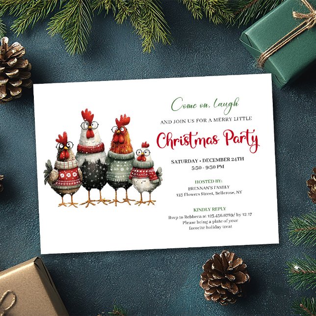 Invitación de fiesta de dibujos animados festivos  (Whimsical Chickens Festive Cartoon Party Invitation)