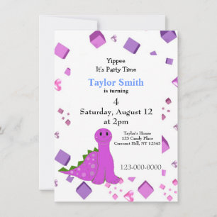 Invitación de fiesta de dinosaurio púrpura