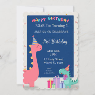 Invitación de fiesta de dinosaurio rosa y azul per