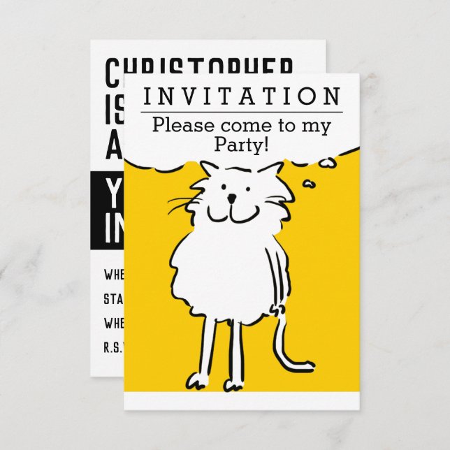Invitación de fiesta de diseño de un gato divertid (Anverso / Reverso)