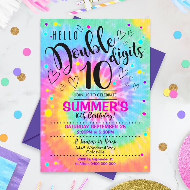 Invitación de fiesta de doble dígitos Hello Tie Dy (Hello Double Digits Party Invitation)