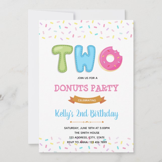 Invitación de fiesta de donut dulce con sprinkles (Anverso)