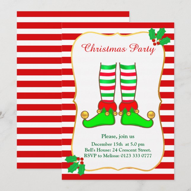 Invitación de fiesta de duende de Navidad en rojo  (Anverso / Reverso)