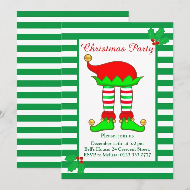 Invitación de fiesta de duende de Navidad en verde (Anverso / Reverso)