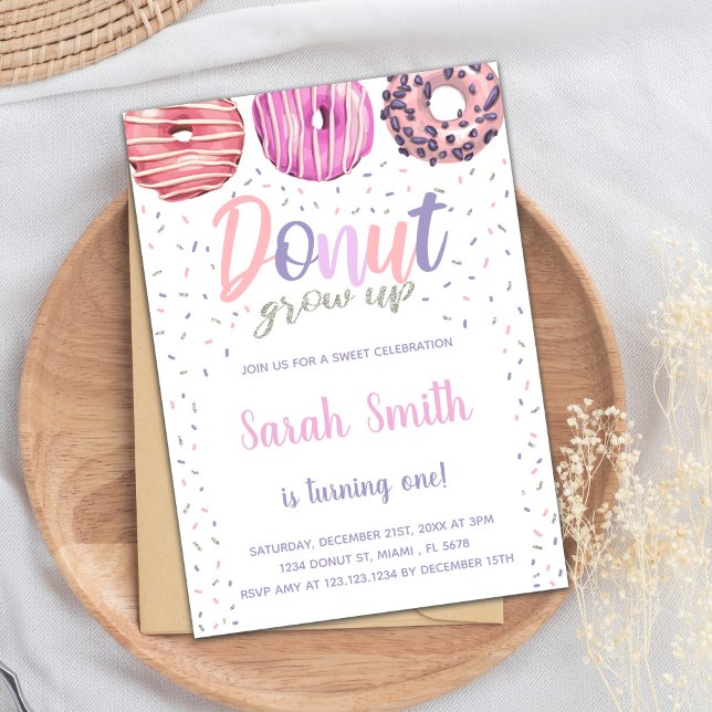 Invitación de Fiesta de dulces pastel editable (Pink Light Donut Birthday Invitations)