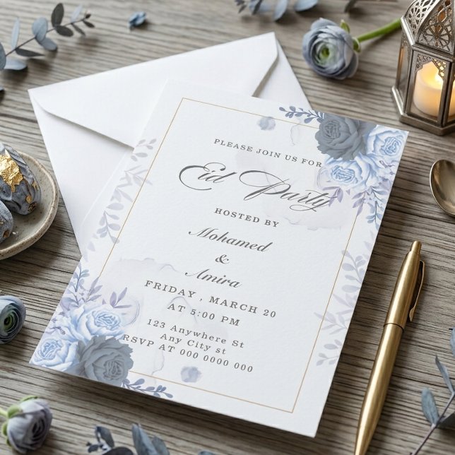 Invitación de fiesta de Eid con rosas azules elega (Subido por el creador)