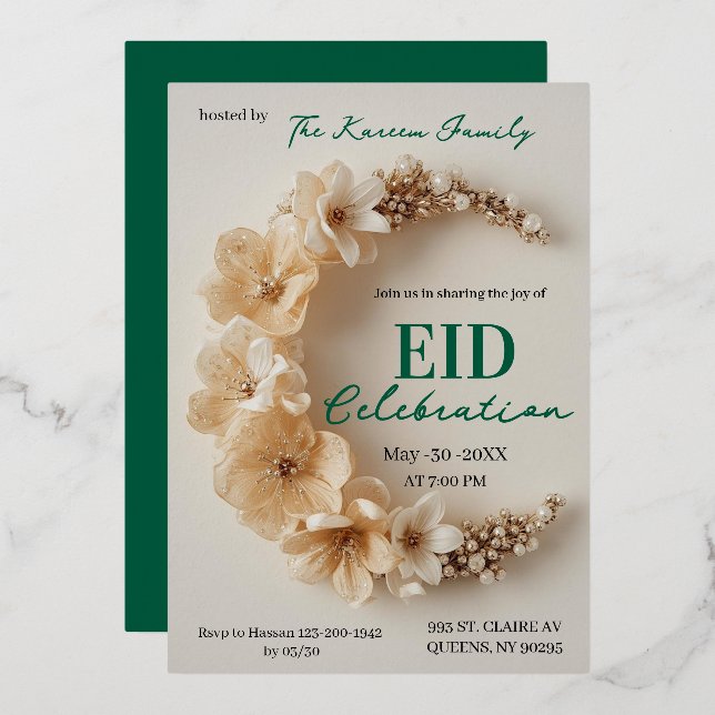 Invitación de fiesta de Eid de creciente floral bo (Anverso/Reverso)
