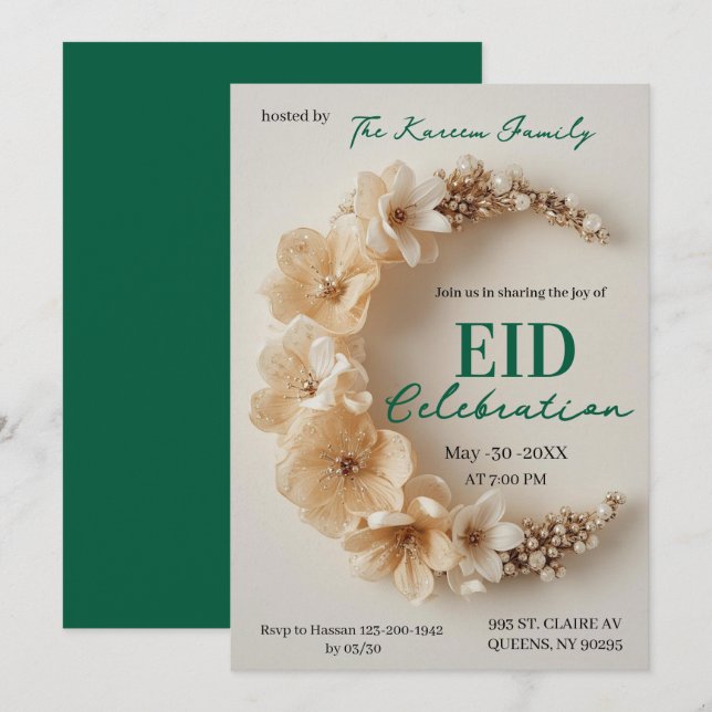 Invitación de fiesta de Eid en creciente floral bo (Anverso / Reverso)