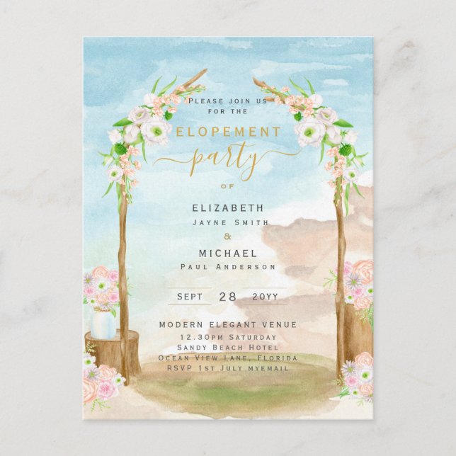 Invitación de Fiesta de Elopement Costal Beach BUD (Anverso)