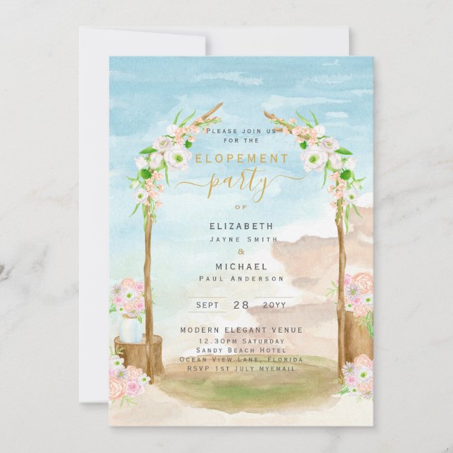 Invitación de Fiesta de Elopement Costal Beach BUD (Anverso)